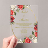 Witte & Rode Roos Elegante bruiloft Spaans Acryl Uitnodigingen (Insitu (Draagbaar))