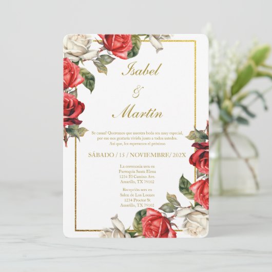 Witte & Rode Roos Elegante bruiloft Spaans Kaart (Staand voorkant)