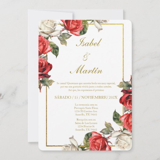 Witte & Rode Roos Elegante bruiloft Spaans Kaart (Voorkant)