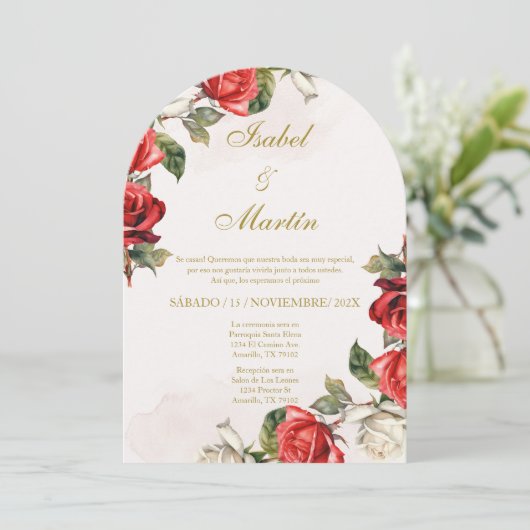 Witte & Rode Roos Elegante Spaanse Bruiloft Kaart (Staand voorkant)