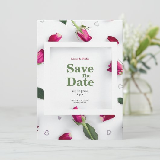 Witte rode roos minimalistische bruiloft kaart (Staand voorkant)