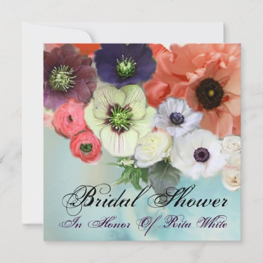 WITTE RODE ROZEN EN ANEMONE BLOEMEN BRUIDSSHOWER KAART (Voorkant)