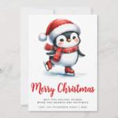 Witte Rode Schattigee Schaatspinguïn Vrolijk Kerst Feestdagenkaart (Voorkant)