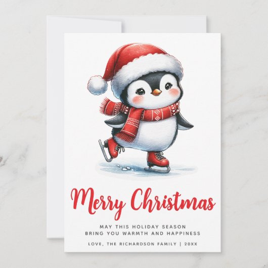 Witte Rode Schattigee Schaatspinguïn Vrolijk Kerst Feestdagenkaart (Voorkant)