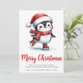 Witte Rode Schattigee Schaatspinguïn Vrolijk Kerst Feestdagenkaart (Staand voorkant)