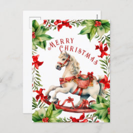 Witte Rode Vintage Rocking Horse Kerst Briefkaart