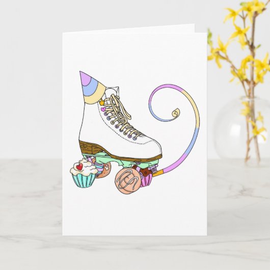 Witte Roller Schaats Verjaardagstaart Kaart (Gele Bloem)