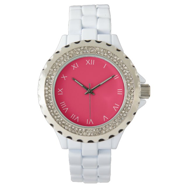 Witte Romeinse cijfers op roze wacant Horloge (Voorkant)