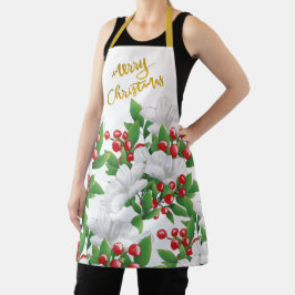 Witte rood groene bloem | Goud Vrolijk Kerstfeest Schort