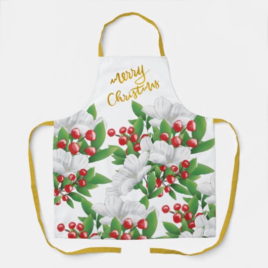 Witte rood groene bloem | Goud Vrolijk Kerstfeest Schort (Voorkant)