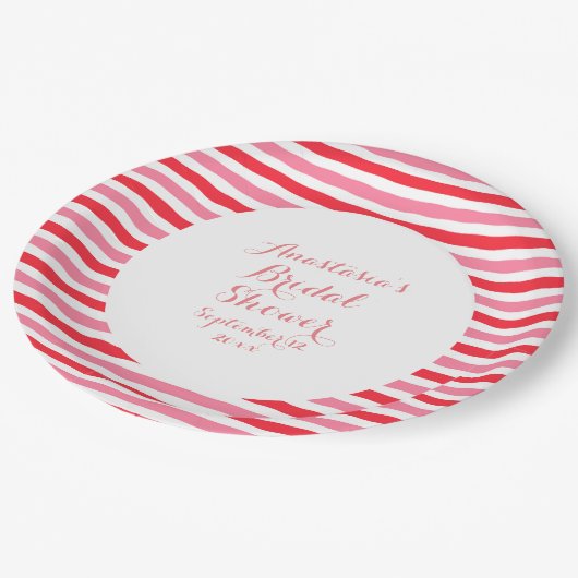 Witte Rood Roze Strepen Bruidsdouche Papieren Bordje (Gekanteld)