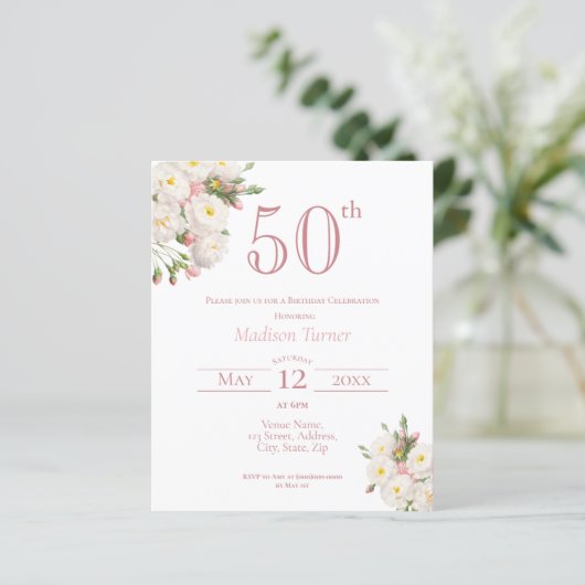 Witte Roos | 50e verjaardag Budget Invitation (Staand voorkant)