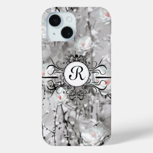 Witte roos abstract bloemengrijs wit zwart iPhone 15 case