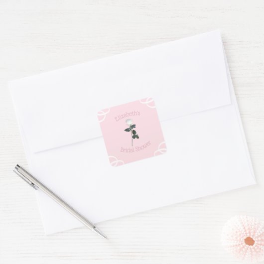 Witte Roos Blaadje Roze Bruidsdouche Vierkante Sticker (Envelop)