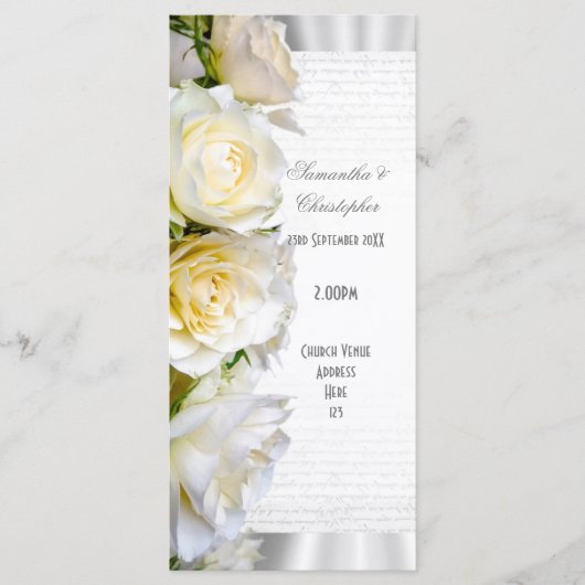 Witte roos bloemenkerk huwelijksprogramma programmakaart (Voorkant)