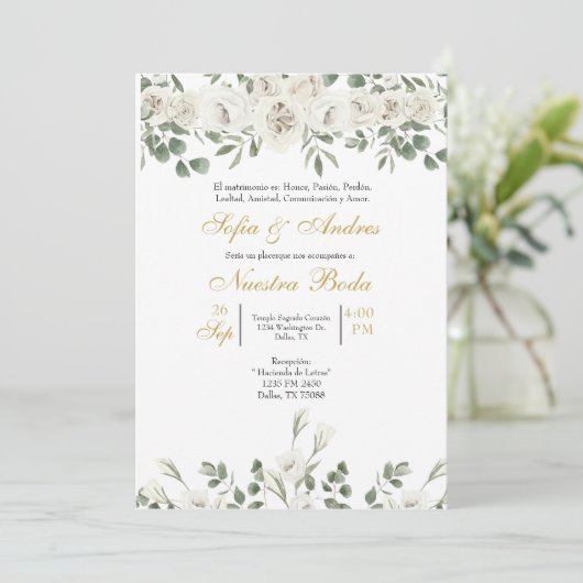 Witte roos boeket bruiloft uitnodiging (Staand voorkant)