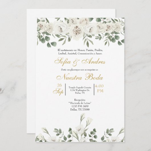 Witte roos boeket bruiloft uitnodiging (Voorkant / Achterkant)