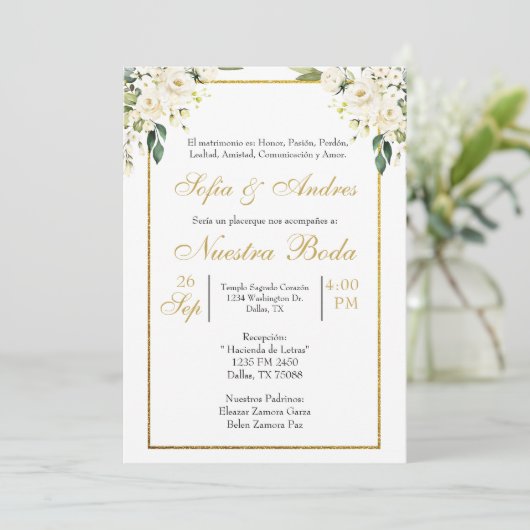 Witte roos boeket bruiloft uitnodiging (Staand voorkant)