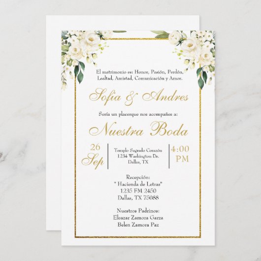 Witte roos boeket bruiloft uitnodiging (Voorkant / Achterkant)