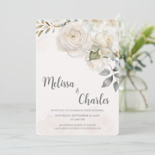 Witte roos bruiloft uitnodiging (Staand voorkant)