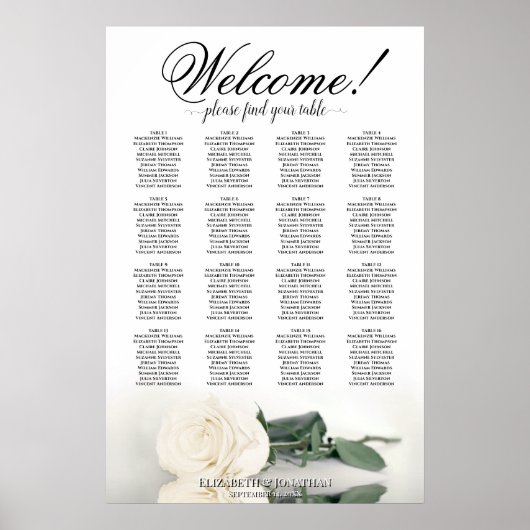 Witte Roos Elegant 16 Tafel Bruiloftstoelindeling Poster (Voorkant)