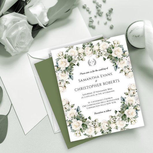 Witte Roos Elegantie Monogram Budget Bruiloft Flyer