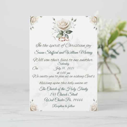 Witte Roos en Cross Christelijke bruiloft uitnodig Kaart (Staand voorkant)