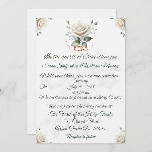 Witte Roos en Cross Christelijke bruiloft uitnodig Kaart (Voorkant / Achterkant)