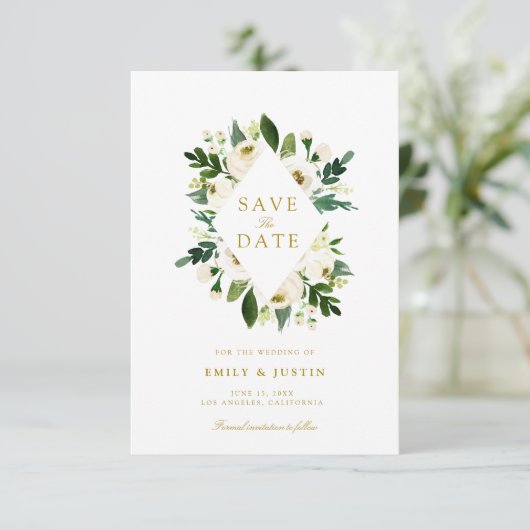 witte roos en griep bewaren de datumkaart save the date (Staand voorkant)