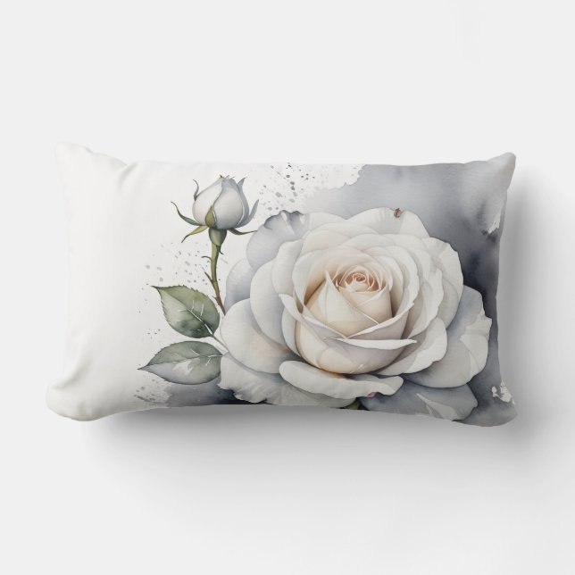 Witte roos en rozenknop, zilveren bladeren buitenkussen (Voorkant)
