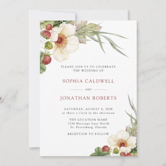 Witte Roos en Wild Strawberry Wedding Kaart (Voorkant)