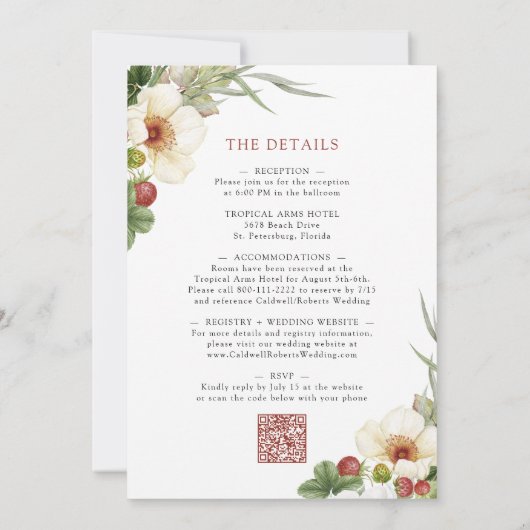 Witte Roos en Wild Strawberry Wedding Kaart (Achterkant)