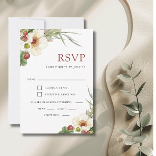 Witte Roos en Wild Strawberry Wedding RSVP Kaartje