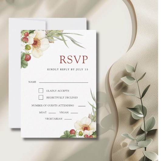 Witte Roos en Wild Strawberry Wedding RSVP Kaartje