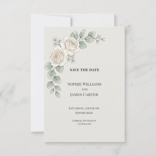 Witte Roos Eucalyptus Bruiloft Save The Date (Voorkant)