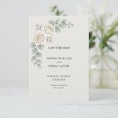 Witte Roos Eucalyptus Bruiloft Save The Date (Staand voorkant)