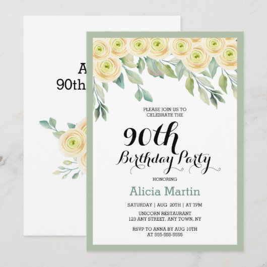 Witte roos Flora Eucalyptus groen 90e verjaardag Kaart (Voorkant / Achterkant)
