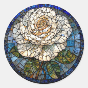 🌹 Witte Roos Glas-in-Lood Kunst Cadeau Ronde Sticker