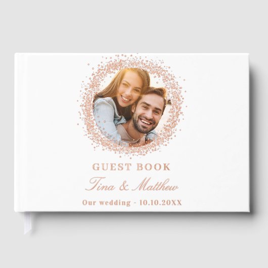 Witte roos gouden folie foto bruiloft gastenboek (Voorkant)