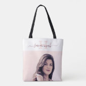 Witte roos gouden foto monogram bruid tote bag (Achterkant)