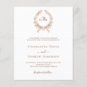 Witte roos gouden krans monogram bruiloft uitnodig (Voorkant)