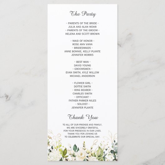 Witte roos groen bloemenbruiloft programmakaart (Achterkant)