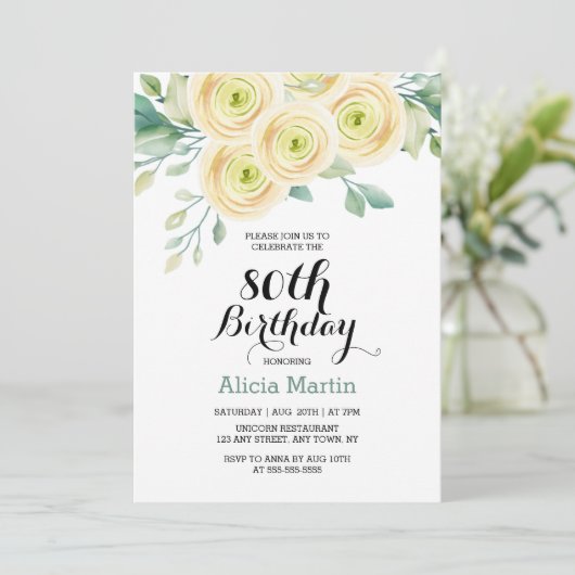 Witte roos groen Flora Eucalyptus 80ste verjaardag Kaart (Staand voorkant)