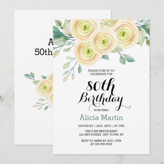 Witte roos groen Flora Eucalyptus 80ste verjaardag Kaart (Voorkant / Achterkant)