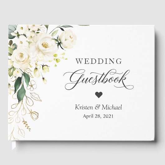 Witte roos groen goud bloemenbruiloft gastenboek (Voorkant)