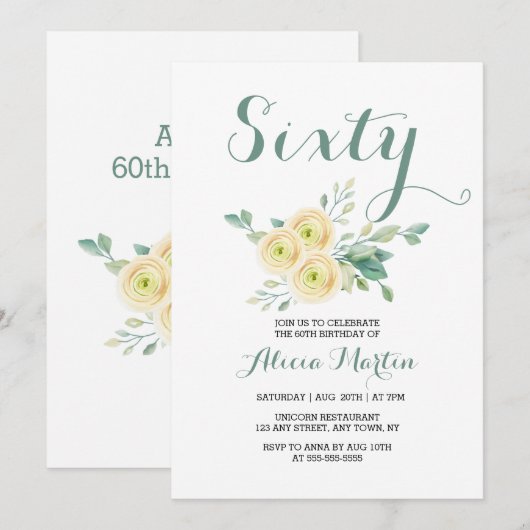 Witte roos groen zestig verjaardag kaart (Voorkant / Achterkant)