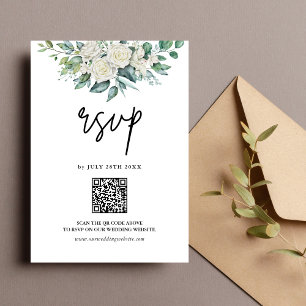 Witte Roos Groene Bloemen QR Code Huwelijk RSVP Kaartje