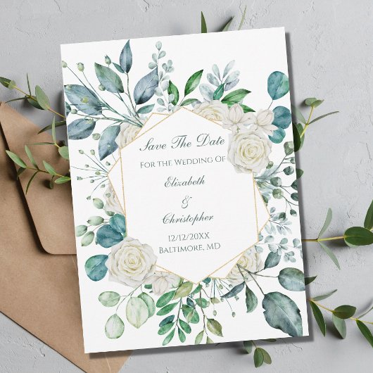 Witte Roos Groene Eucalyptus Bruiloft  Save The Date