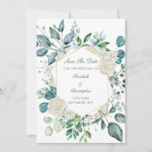Witte Roos Groene Eucalyptus Bruiloft  Save The Date (Voorkant)