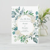 Witte Roos Groene Eucalyptus Bruiloft  Save The Date (Staand voorkant)